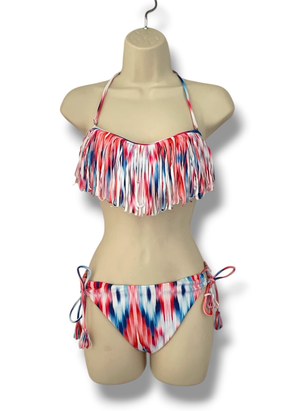 Zeraca Fringed Tie-Dye Halter Bikini Set - Red, White & Blue Size Medium